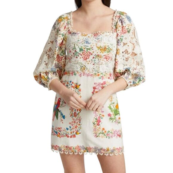 FARM RIO Delicate Forest Scarves Billowy-Sleeve Embroidered Mini Dress Women's L - Picture 1 of 14